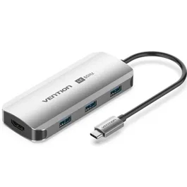 Vention Docking Station USB-C TQDHB con HDMI 4K@60Hz, 3x USB 3.0, Puerto USB-C PD 100W, Longitud 0.15m, Carcasa Aluminio Gris