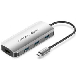 Vention Docking Station USB-C TQDHB con HDMI 4K@60Hz, 3x USB 3.0, Puerto USB-C PD 100W, Longitud 0.15m, Carcasa Aluminio Gris