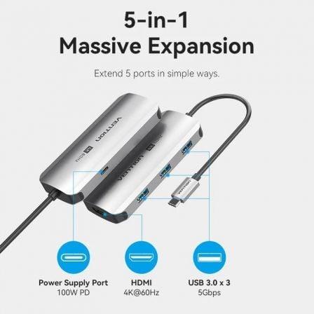 Vention Docking Station USB-C TQDHB con HDMI 4K@60Hz, 3x USB 3.0, Puerto USB-C PD 100W, Longitud 0.15m, Carcasa Aluminio Gris