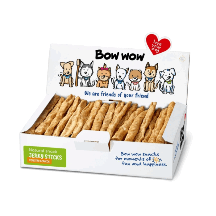 Bowwow Sticks Bow Wow Jerky Hígado y Yuca 50un, Snacks para Perros sin Cereales, con Glucosamina y Condroitina Bowwow Sticks Bow Wow Jerky Hígado y Yuca 50un, Snacks para Perros sin Cereales, con Glucosamina y Condroitina