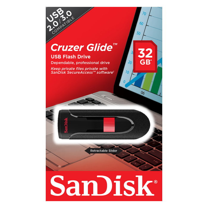 SanDisk Cruzer Glide USB 2.0 - Memoria USB 32 GB, Negro y Rojo, Tipo A, Protección por Contraseña AES 128-bit