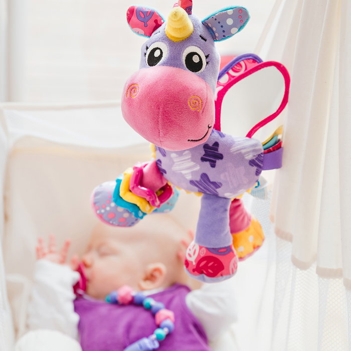 Playgro Activity Friend Unicornio Stella 0189036 - Juguete Bebé con Sonajero y Espejo - Multilingüe (Inglés, Francés, Alemán, Italiano, Portugués, Español)