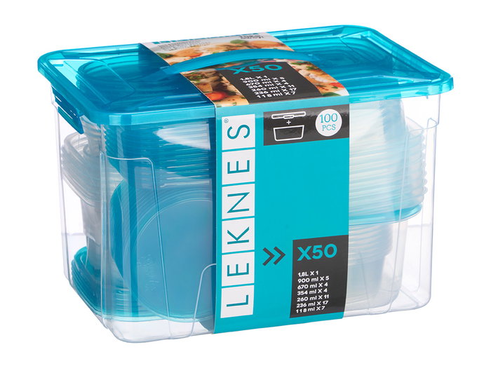 Leknes Set 50 Fiambreras Asa Surtidos Colores Plástico PP 32 x 23.5 x 21 cm (Set de 4)