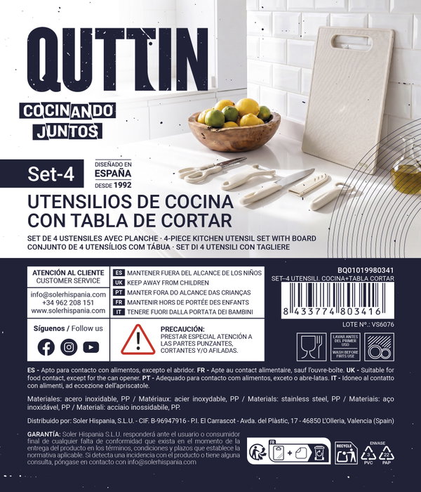 Quttin Set de 4 Utensilios de Cocina con Tabla de Cortar de 12 Piezas Quttin Set de 4 Utensilios de Cocina con Tabla de Cortar de 12 Piezas