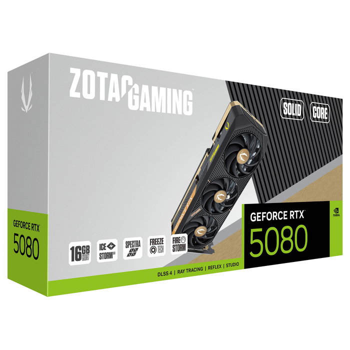 Zotac GeForce RTX 5080 SOLID CORE Gaming 16GB GDDR7 256-bit PCIe 5.0 Tarjeta Gráfica con 3 Ventiladores IceStorm 3.0, 10752 Núcleos CUDA, 7680 x 4320 Pixeles, Windows 10/11