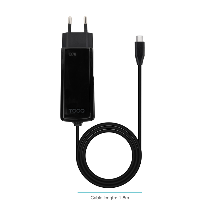 TOOQ Cargador GaN USB-C Power Delivery PD 100W para Portátil, 1 Puerto, Voltaje Universal 110-240V, Cable 1.8m, Color Negro