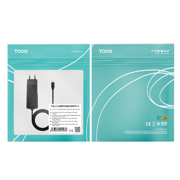 TOOQ Cargador GaN USB-C Power Delivery PD 100W para Portátil, 1 Puerto, Voltaje Universal 110-240V, Cable 1.8m, Color Negro