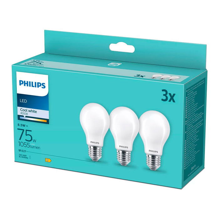 Philips Bombilla LED de Filamento Mate E27 8.5W (Equivalente 75W) 1055lm 4000K Luz Día - Pack de 3 Unidades Philips Bombilla LED de Filamento Mate E27 8.5W (Equivalente 75W) 1055lm 4000K Luz Día - Pack de 3 Unidades