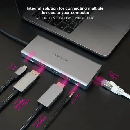 Nanocable Docking USB-C 12 en 1, 10.16.4612, 2xHDMI 4K 60Hz, DP 4K 60Hz, RJ45 Gigabit, 3xUSB-A 3.2, USB-C PD 100W, Lector Tarjetas, Gris