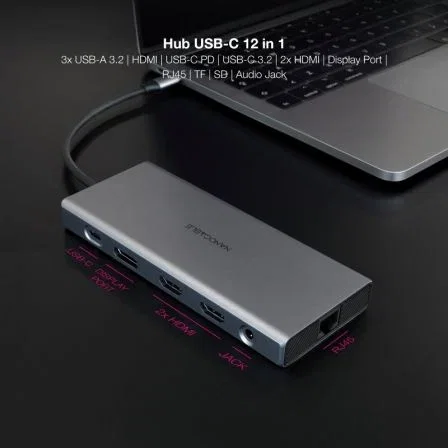 Nanocable Docking USB-C 12 en 1, 10.16.4612, 2xHDMI 4K 60Hz, DP 4K 60Hz, RJ45 Gigabit, 3xUSB-A 3.2, USB-C PD 100W, Lector Tarjetas, Gris