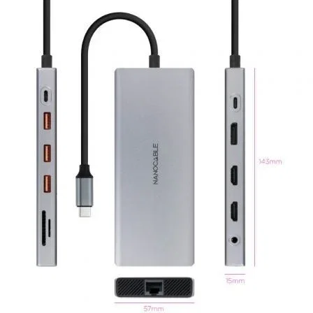 Nanocable Docking USB-C 12 en 1, 10.16.4612, 2xHDMI 4K 60Hz, DP 4K 60Hz, RJ45 Gigabit, 3xUSB-A 3.2, USB-C PD 100W, Lector Tarjetas, Gris