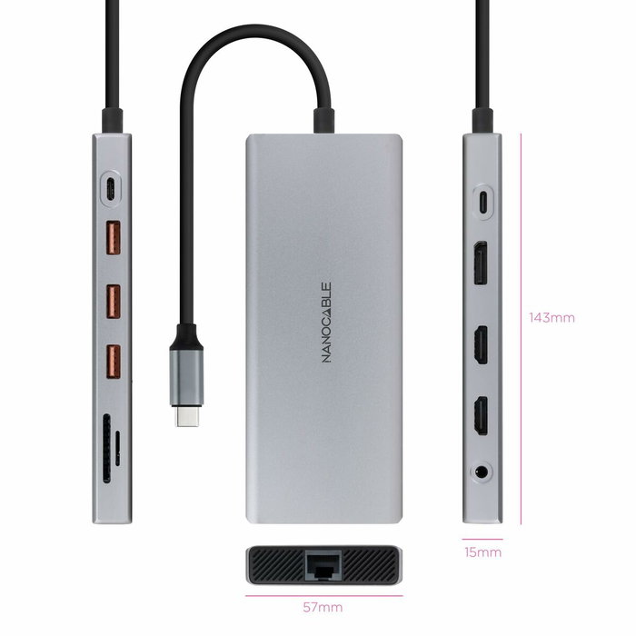 Nanocable Hub USB-C 12 en 1 con HDMI 4K, DisplayPort y PD 100W Gris Nanocable Hub USB-C 12 en 1 con HDMI 4K, DisplayPort y PD 100W Gris