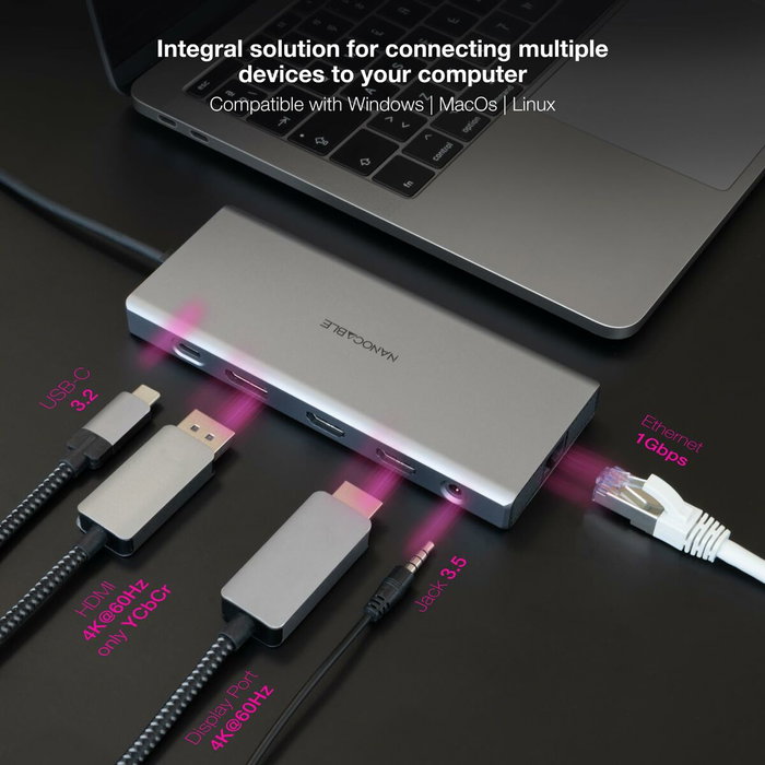 Nanocable Hub USB-C 12 en 1 con HDMI 4K, DisplayPort y PD 100W Gris Nanocable Hub USB-C 12 en 1 con HDMI 4K, DisplayPort y PD 100W Gris