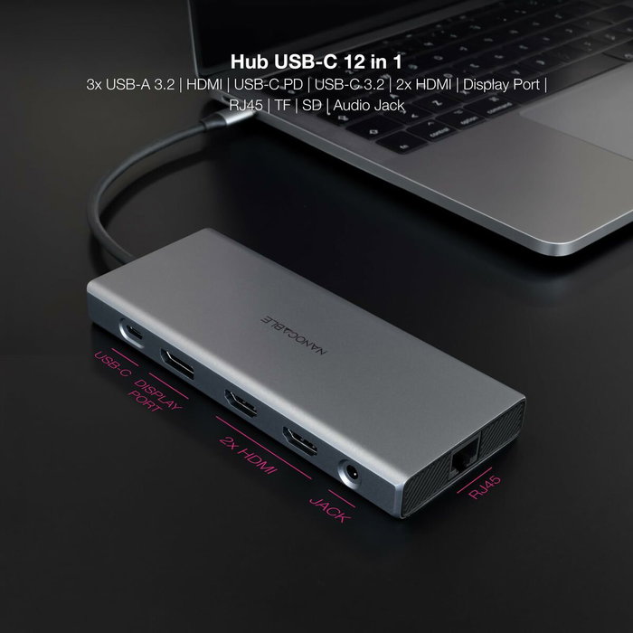 Nanocable Hub USB-C 12 en 1 con HDMI 4K, DisplayPort y PD 100W Gris Nanocable Hub USB-C 12 en 1 con HDMI 4K, DisplayPort y PD 100W Gris