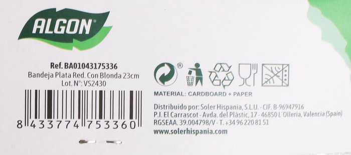 Algon Bandeja Plata Redonda Con Blonda 23 cm (48 Unidades)