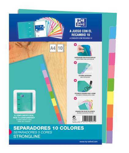 OXFORD Separadores de Cartulina Strongline A4, 10 Pestañas de Colores OXFORD Separadores de Cartulina Strongline A4, 10 Pestañas de Colores