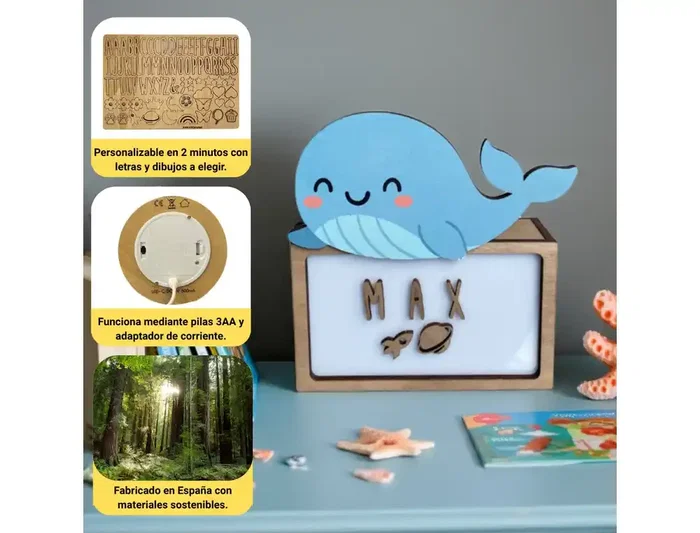 Wondee Lámpara Quitamiedos Infantil Ballena Personalizable de Madera Sostenible Wondee Lámpara Quitamiedos Infantil Ballena Personalizable de Madera Sostenible