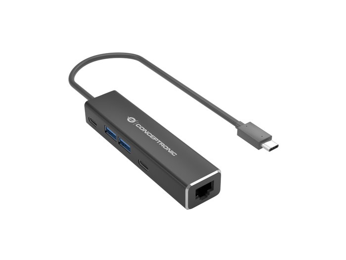 Conceptronic ABBY13B Adaptador USB-C a RJ45 Gigabit con HUB USB 4 en 1, Gris