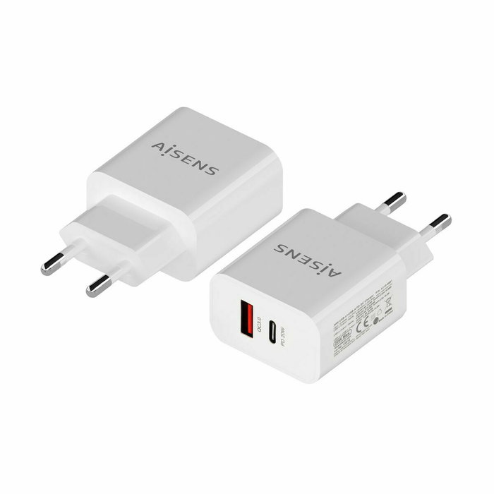 AISENS Cargador de Pared 20W con USB-C PD3.0 y USB-A QC3.0, Blanco