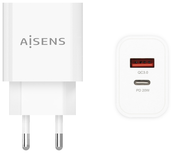 AISENS Cargador de Pared 20W con USB-C PD3.0 y USB-A QC3.0, Blanco