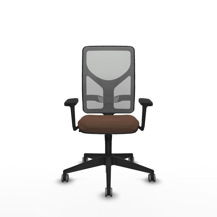 Silla de oficina Motilla con mecanismo Sincro tapizada con Tela color Marrón oscuro y malla color Gris. Equipada con lumbar 1D, Brazos 3D y Ruedas 65 mm parqué