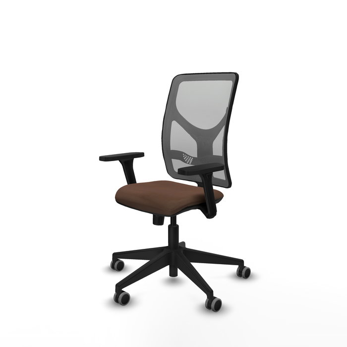 Silla de oficina Motilla con mecanismo Sincro tapizada con Tela color Marrón oscuro y malla color Gris. Equipada con lumbar 1D, Brazos 3D y Ruedas 65 mm parqué