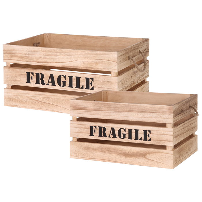 Home Deco Factory Juego 2 Cajas Madera "Fragile" con Asas de Cuerda Encajables Medidas: 54x37x28 cm y 48x31x26 cm