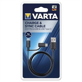Varta 57948101401 Cable Carga y Sincronización 2 en 1 USB Micro USB + Type C, 1 Metro