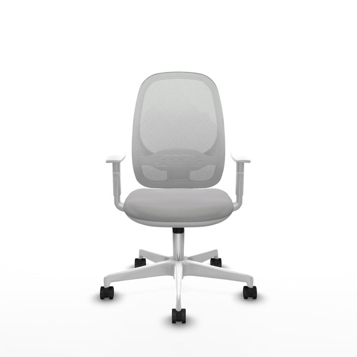 Silla de oficina Cilanco con mecanismo Sincro tapizada con Tela color Gris claro y malla color Blanco. Equipada con lumbar 1D, Reposabrazos blancos y Ruedas 65mm nailon