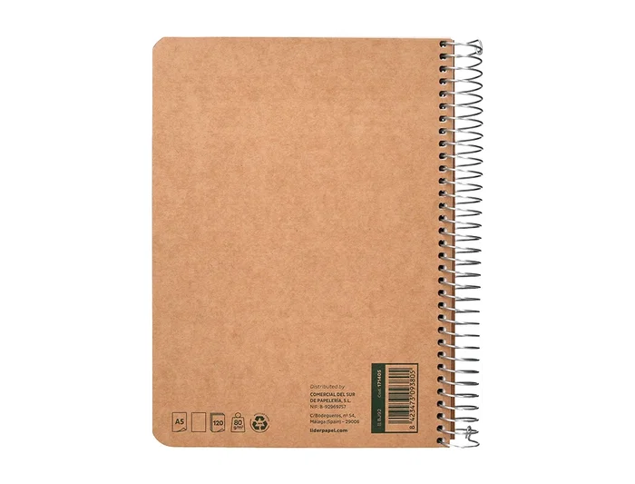 Liderpapel Cuaderno Espiral A5 120 Hojas, Papel 80g 100% Reciclado, Tapa Kraft Contracolada, para Notas, Dibujo o Viaje - Liso