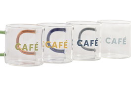 DKD Home Decor Cafe Basicos Set de 4 Tazas de Vidrio Borosilicato 120ml Multicolor 6x6x9cm