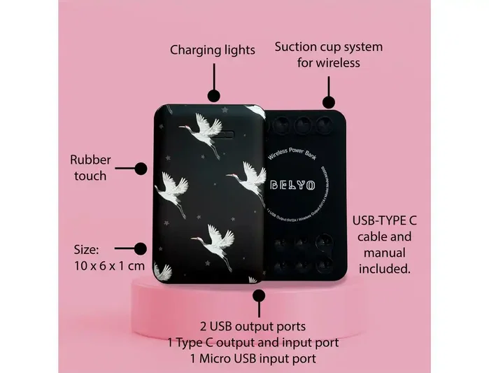 Wondee Batería externa inalámbrica 5.000 mAh con estampado de cigüeñas Wondee Batería externa inalámbrica 5.000 mAh con estampado de cigüeñas