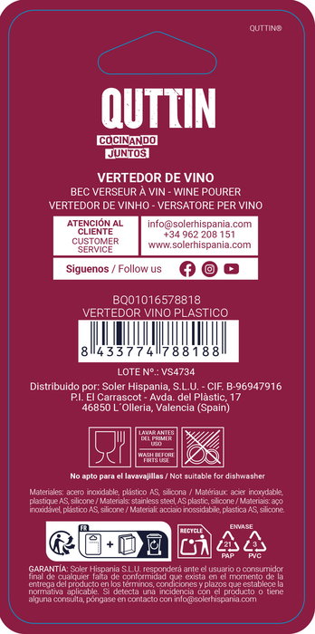 Inde Vertedor Vino Plástico 14.4 cm x 6.9 cm x 2.7 cm (24 Unidades)