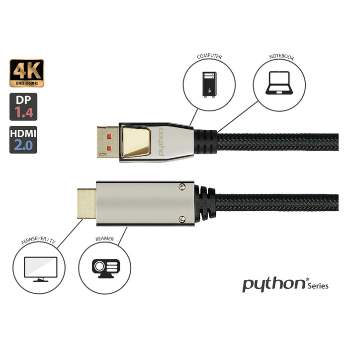 PYTHON Series GC-M0218 Cable Adaptador DisplayPort 1.4 a HDMI 2.0 de 3m 4K UHD @ 60Hz Negro PYTHON Series GC-M0218 Cable Adaptador DisplayPort 1.4 a HDMI 2.0 de 3m 4K UHD @ 60Hz Negro
