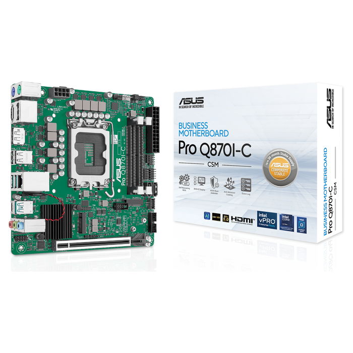 ASUS PRO Q870I-C-CSM, placa base formato Mini-ITX con chipsets Intel Q870 y C246, soporte para procesadores Intel de 8ª y 9ª generación ASUS PRO Q870I-C-CSM, placa base formato Mini-ITX con chipsets Intel Q870 y C246, soporte para procesadores Intel de 8ª y 9ª generación