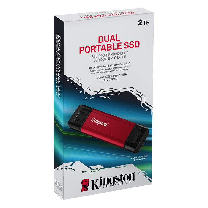 Kingston 2TB SSD Externo, Portable, USB-A/USB-C, Velocidad 1050MB/s, USB 3.2 Gen 2