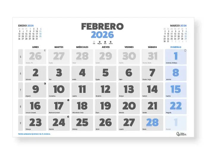 Liderpapel Calendario Pared Clásico 2026 Lomo Engomado 44x32 cm Papel 128 gr