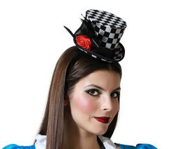 Diadema Sombrero Ajedrezado Carnaval Mujer Adulto Flor Roja Alicia País Maravillas Fiesta Temática Cosplay