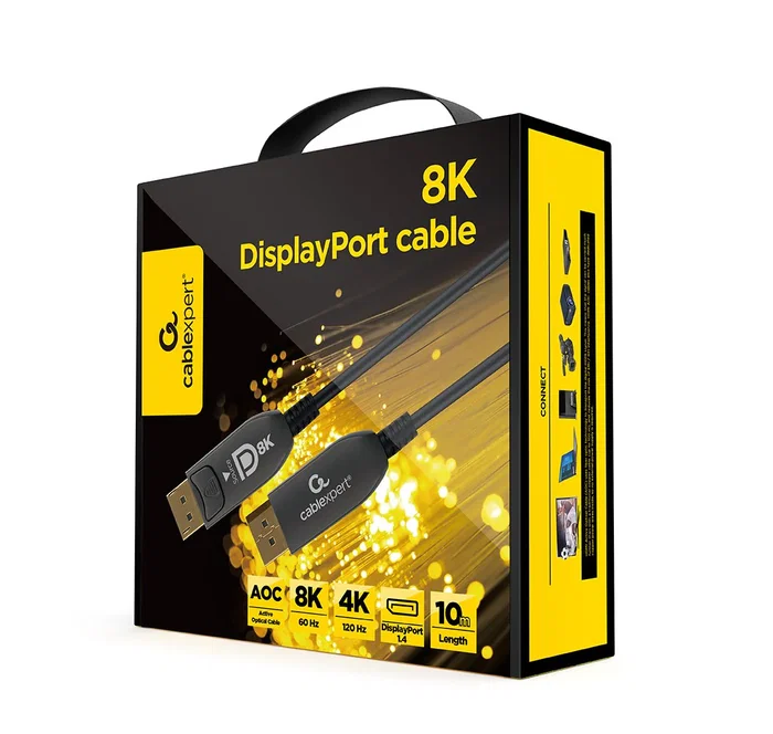 Gembird CC-DP8K-AOC-10M Cable AOC DisplayPort Óptico Activo 10m 8K a 60Hz Fibra Óptica, Resistente a Interferencias EMI/RFI, Conectores Chapados en Oro