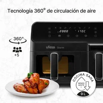 Ufesa Freidora de aire Storm doble de 9L (5.5L + 3.5L) con 8 programas, 1700W, función mantener caliente y pantalla digital - Negro