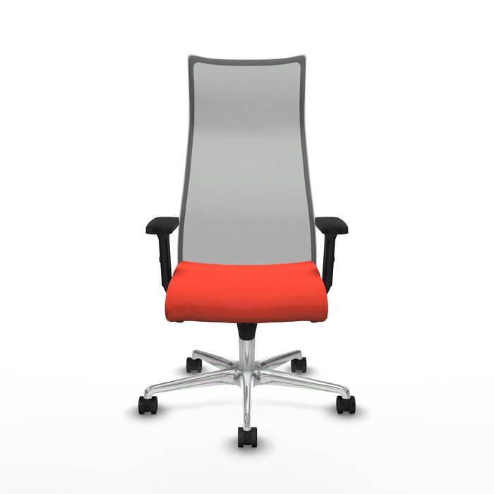 Sillón Albacete con mecanismo Sincro tapizada con Tela color Naranja oscuro y malla color Gris. Equipado con Base aluminio, Brazos 2D y Ruedas 65mm nailon