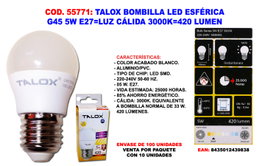 TALOX Bombilla LED Esférica G45 5W E27 Luz Cálida 3000K 420 Lumen
