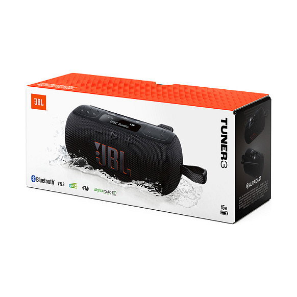 JBL Tuner 3 - Radio Portátil DAB+/FM Bluetooth 5.3 IP68 Resistente al Agua, Altavoz Integrado, USB-C, Batería 12h, 7W, Color Negro