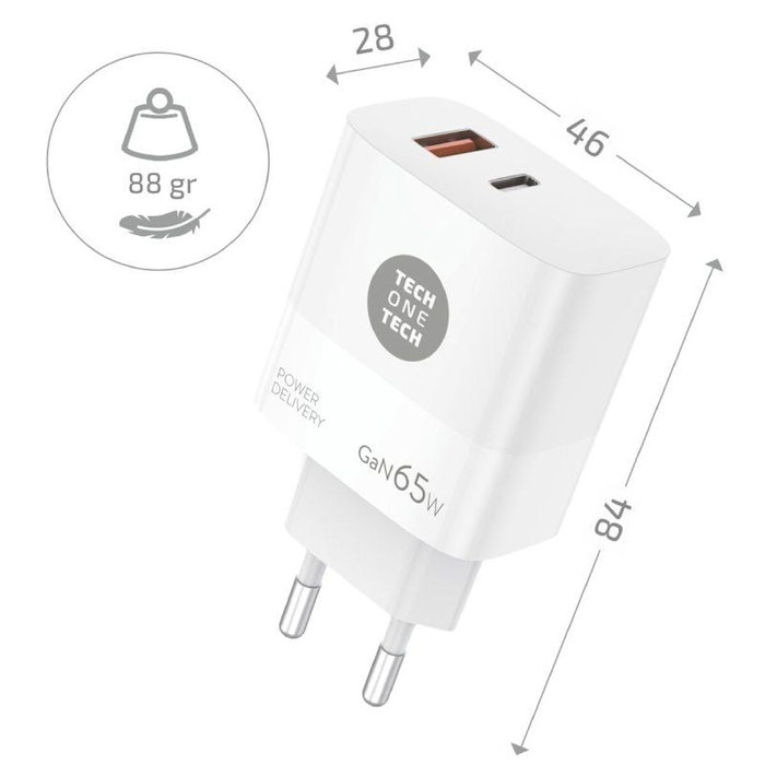 Tech One Tech Cargador GaN 65W con Puerto USB-C y USB-A Blanco TEC2273 con Cable USB-C a USB-C 5A Tech One Tech Cargador GaN 65W con Puerto USB-C y USB-A Blanco TEC2273 con Cable USB-C a USB-C 5A