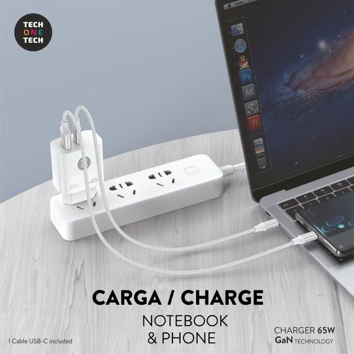 Tech One Tech Cargador GaN 65W con Puerto USB-C y USB-A Blanco TEC2273 con Cable USB-C a USB-C 5A Tech One Tech Cargador GaN 65W con Puerto USB-C y USB-A Blanco TEC2273 con Cable USB-C a USB-C 5A