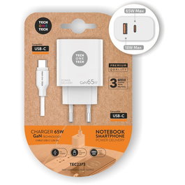 Tech One Gan Cargador de Pared PD 65W Blanco TEC2273, 2 Puertos (USB-C y USB-A), Compatible con Portátil, MacBook, iPhone, QC3.0