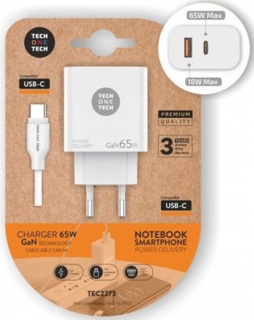 Tech One Tech Cargador de Pared GaN 65W TEC2273 con Cable USB-C Blanco