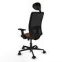 Silla de oficina Zulema con mecanismo Sincro tapizada con Tela color Marrón oscuro y malla color Negro. Equipada con lumbar 1D, Brazos 2D, Cabecero Fijo y Ruedas 65mm nailon