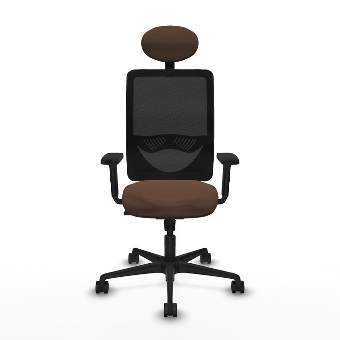 Silla de oficina Zulema con mecanismo Sincro tapizada con Tela color Marrón oscuro y malla color Negro. Equipada con lumbar 1D, Brazos 2D, Cabecero Fijo y Ruedas 65mm nailon
