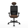 Silla de oficina Zulema con mecanismo Sincro tapizada con Tela color Marrón oscuro y malla color Negro. Equipada con lumbar 1D, Brazos 2D, Cabecero Fijo y Ruedas 65mm nailon